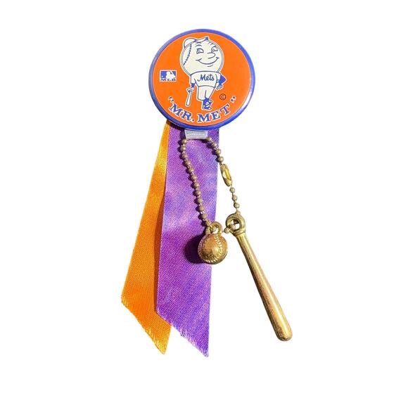 Vintage 1960's New York Mets "Mr Met" Pin - Ribbon Metal Baseball & Bat - Stick - Picture 1 of 4